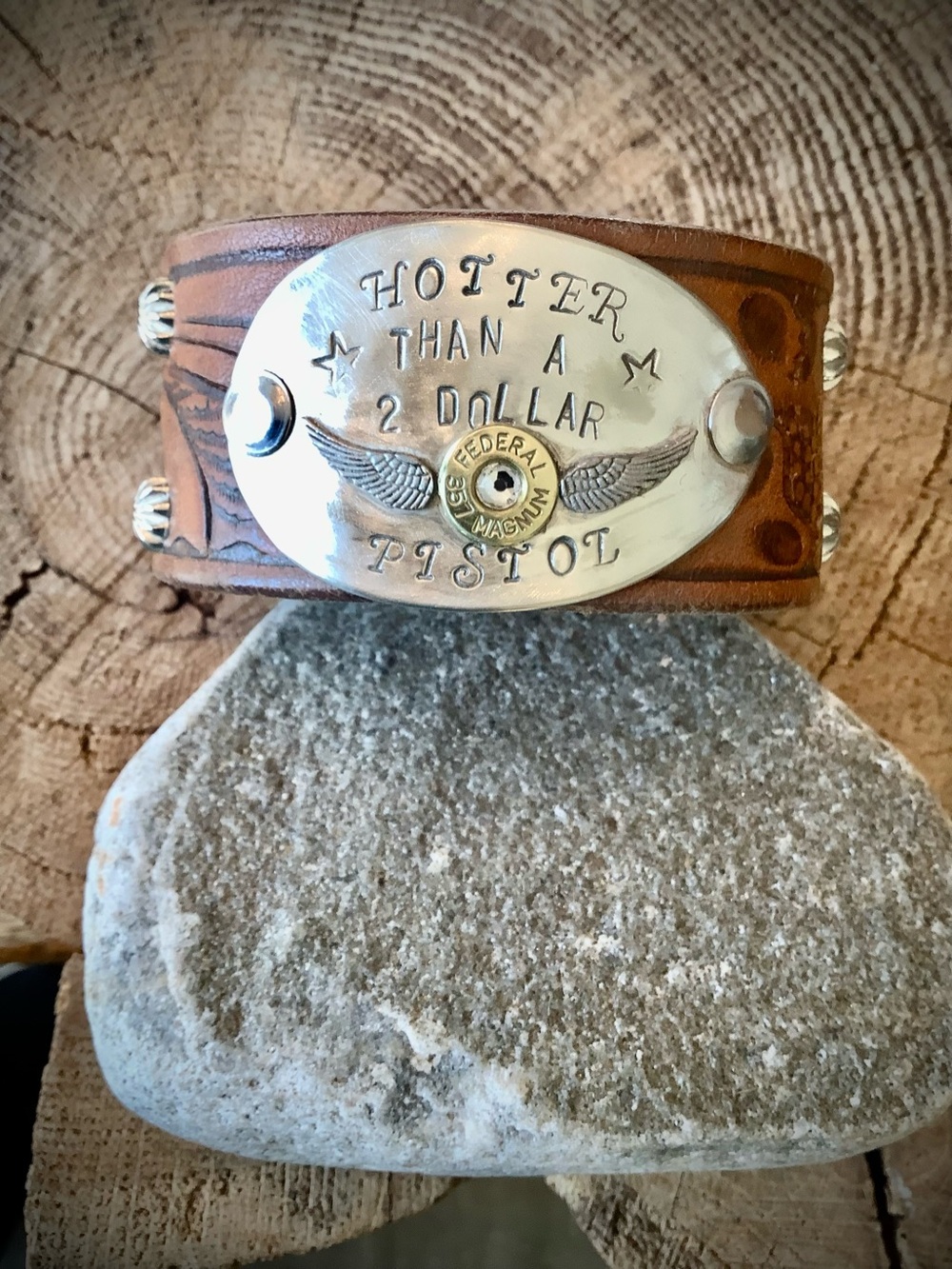 Leather Cuff Bracelet with 'Hotter Than A 2 Dollar Pistol', adjustable